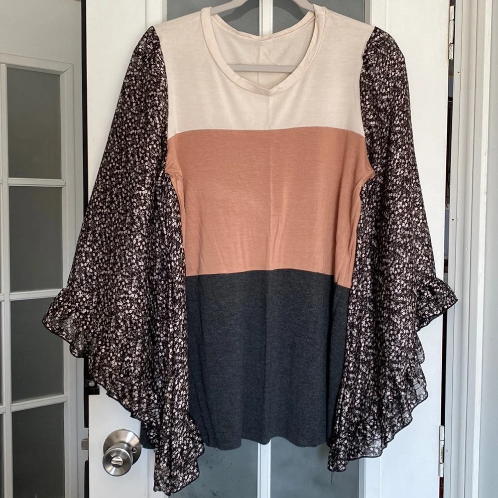 Women’s mixed media draped floral sleeve top - Picture 1 of 6